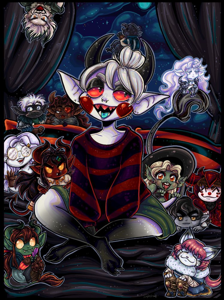 A picture of a demonic looking being sitting with their legs crossed in the middle of a bed with curtains behind that open out to the night sky. Around the demonic being is a lot of little characters with varying expressions and quirks with differing expressions.