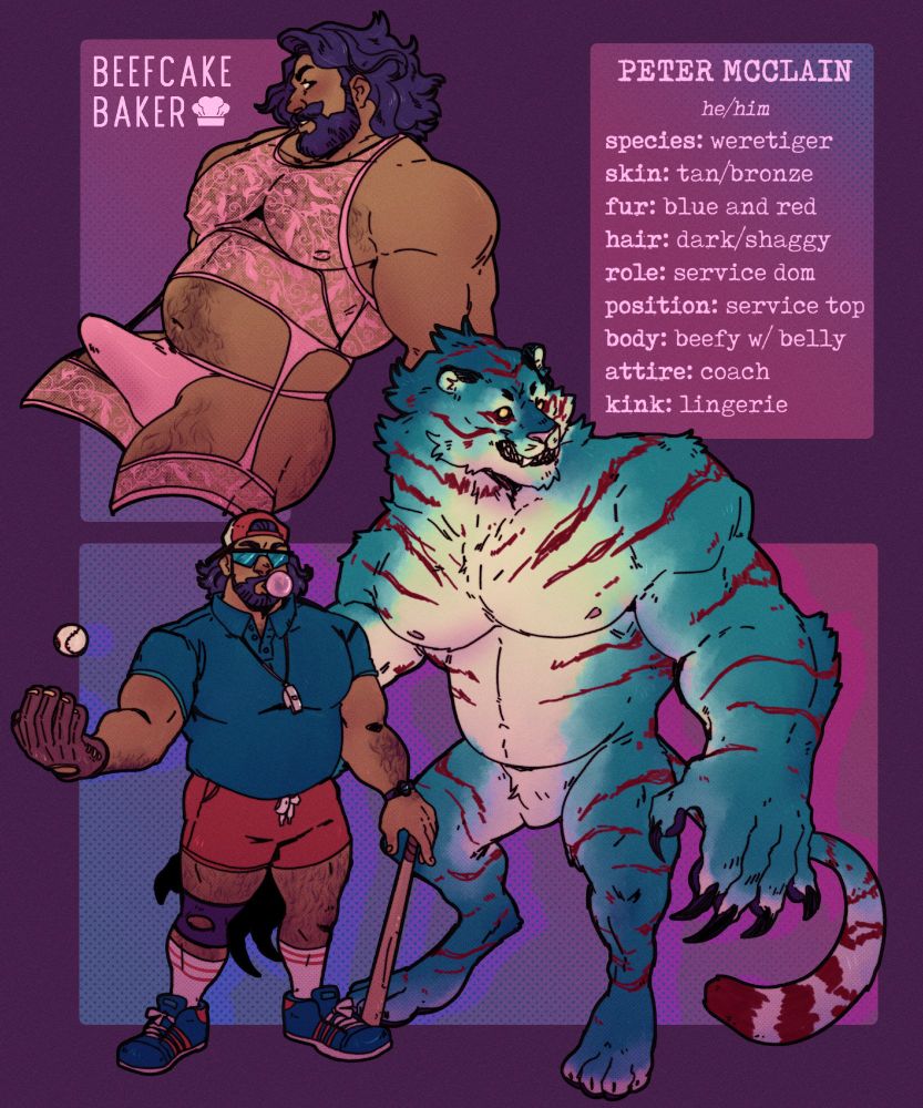 Took suggestions/comments to make a "manwhore"
Original prompts by @vitamin-bara

The top image shows Peter, a large burly man wearing pink lacey lingerie. He has a trimmed beard, and longer shaggy hair.

To the right is text with info/comments that got selected by RNG.
"Peter Mcclain
he/him
species: weretiger
skin: tan/bronze
fur: blue and red
hair: dark/shaggy
role: service dom
position: service top
body: beefy w/ belly
attire: coach
kink: lingerie

below is a full body image of Peter dressed in a blue polo and red shorts. He has reflective shades, and a backwards cap and is blowing a bubble with pink chewing gum. He's got a baseball glove in one hand, and a bat in the other.
To his right is his weretiger form. A large, muscular, humanoid tiger. Its fur is different shades of blue with red stripes.