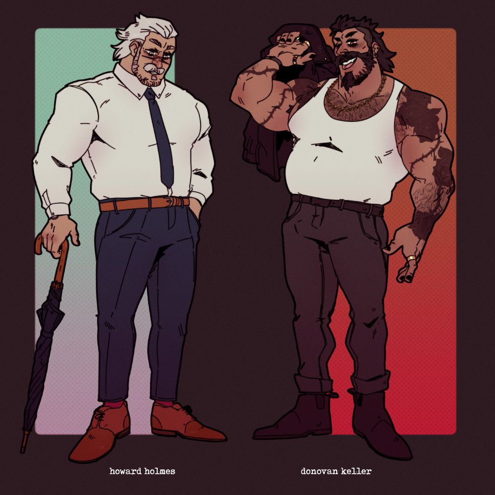 Human forms of werewolves I drew.
On the left Howard is a tall man dressed in a white button-up shirt with blue slacks and tie. His white hair is slicked back with neatly groomed facial hair. He holds a dark blue umbrella in one hand.

On the right Donovan is tall and cocky with a leather jacket tossed over his shoulder. His bare arms are covered in rose tattoos, and he wears an assortment of gold jewelry.