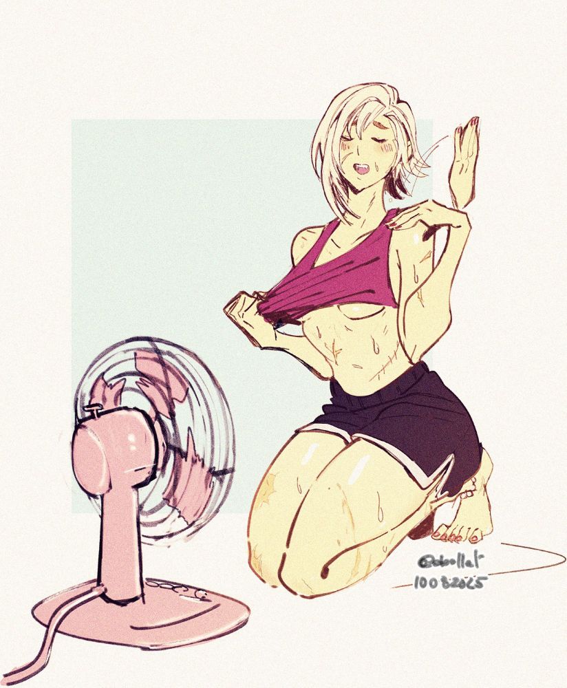 Elena from ff7 using a pink fan to cool down.
She's wearing a pink crop top that she's pulling on to expose her skin to the fresh hair &  black hotshorts.