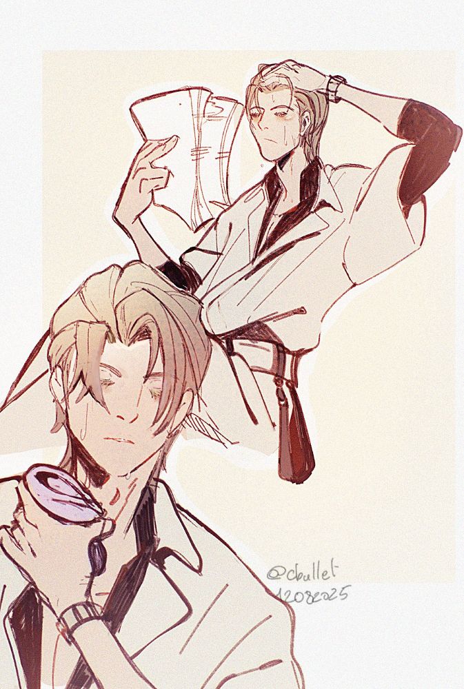 Rufus shinra dealing with the heat by fanning himself with paperwork  & using an handkerchief to wipe his sweat