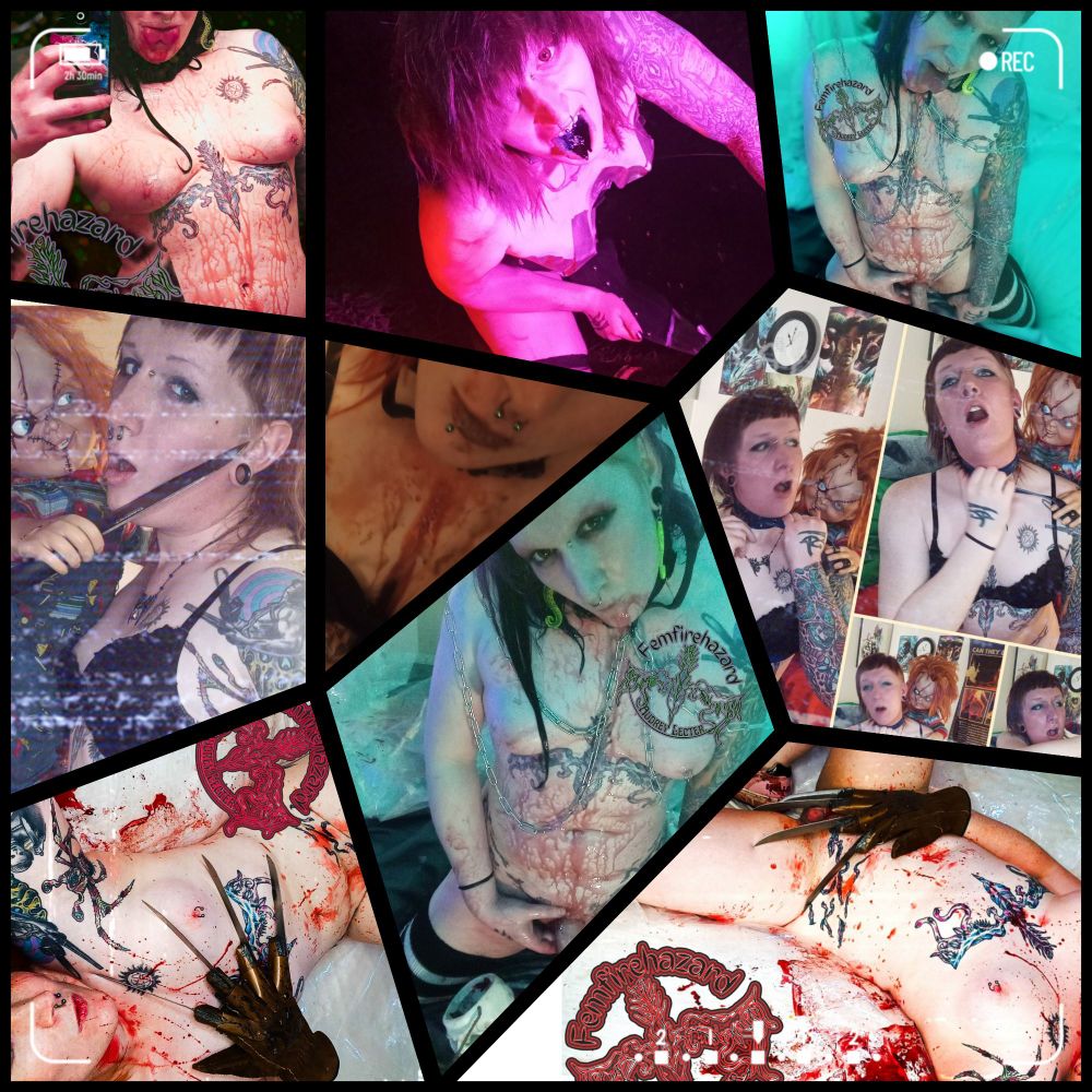 A collage of different nudes where I am covered in blood or looking alarming in general 