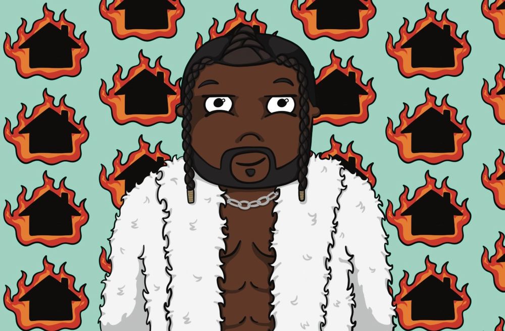 A cartoonish illustration of AEW wrestler Swerve Strickland in a white fur jacket. He’s stood in front of a light teal background with a repeating pattern of a house on fire. 