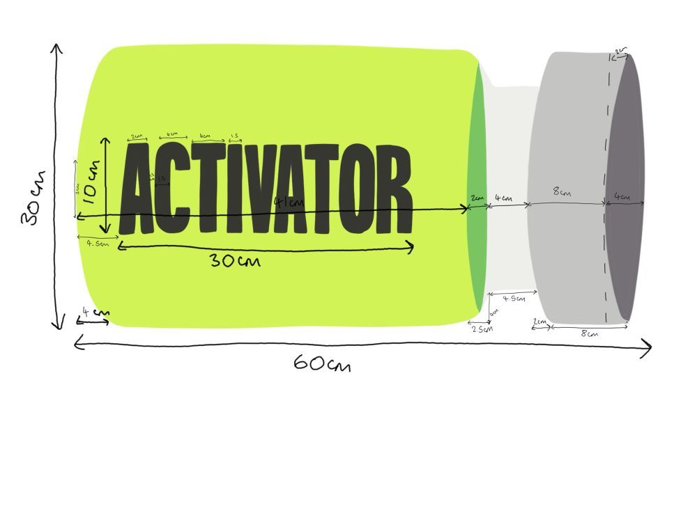 A sketch of the activator bottle from the movie The Substance. It’s a fluorescent green liquid inside a glass bottle with a grey cap and on the front of the bottle it reads ‘activator’ in bold black lettering