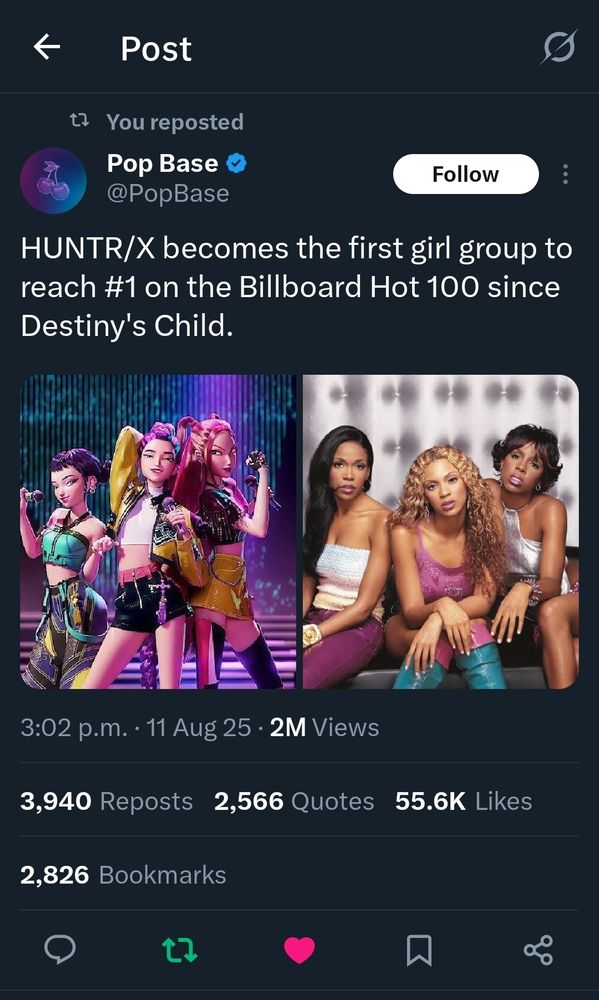 A screenshot from Twitter featuring HUNTRIX from Kpop Demon Hunters and Destiny's Child side by side