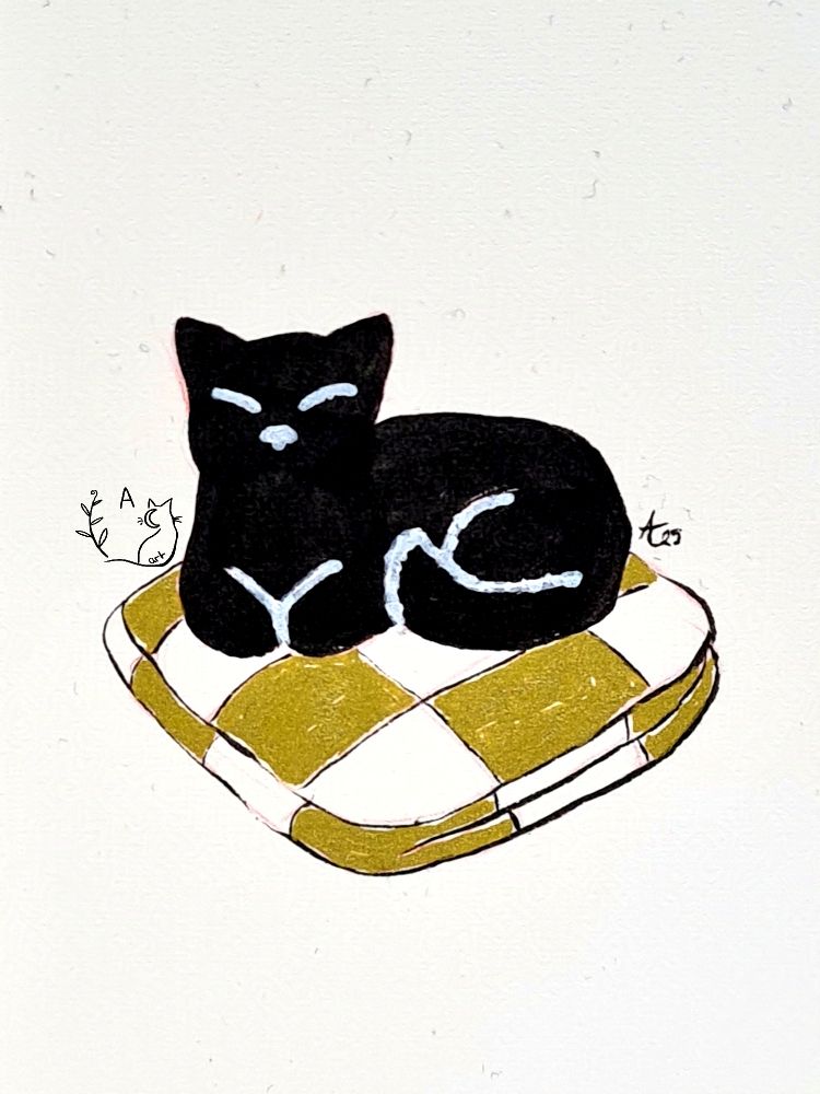 Gold patchwork blanket with a happy black cat. Kattober day 7 Patch.