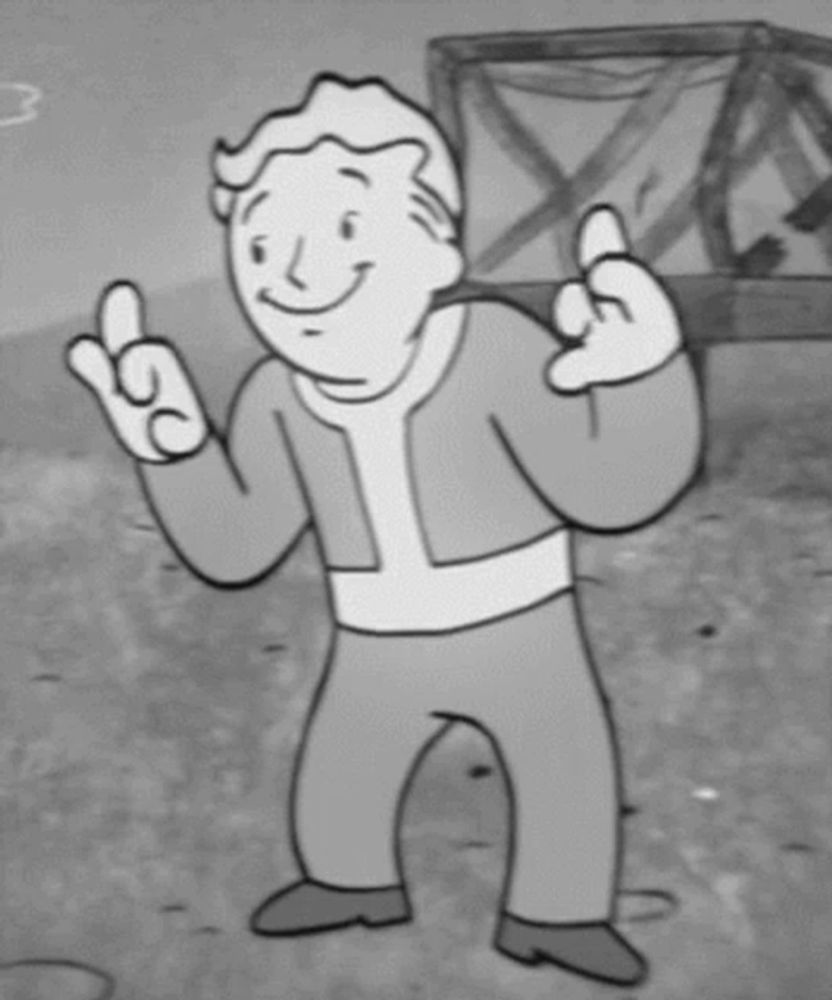 a black and white cartoon of vault boy making a devil horns gesture