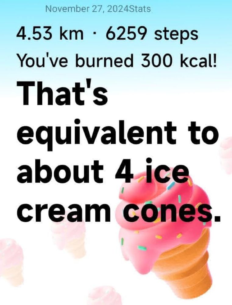 An achievement badge with blue and white background, black text, and a picture of a filled icecream cone. The text is: November 27, 2024Stats 4.53 km 6259 steps You've burned 300 kcal! That's equivalent to about 4 ice cream cones.