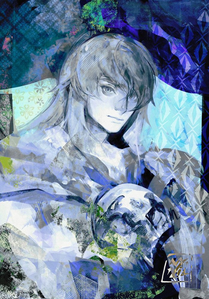 an illustration showcasing a character of the game final fantasy xiv called Themis. The character is portrayed in a 3/4 portrait wearing a sophist's robe.