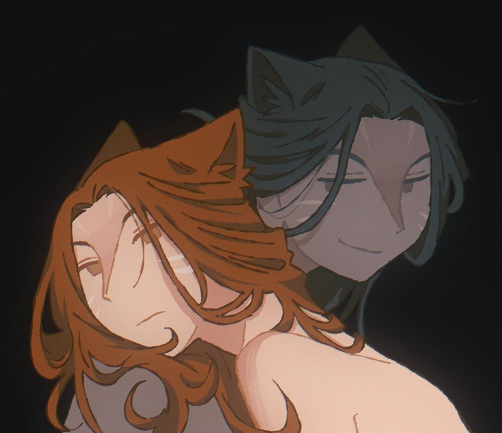 a drawing of bourbon whiskey (right), with “themself” 9,969 years ago (left). his past self has their head laying on bourbon’s shoulder looking listless, while the other looks at them amusedly. 