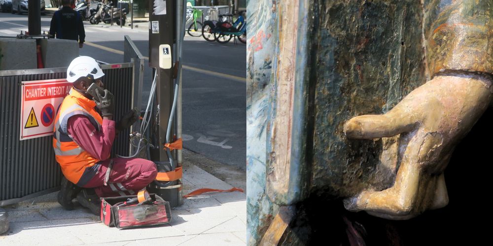 Contacts successifs de deux photographies, l'une d'un agent des télécommunications sur le chantier de la place du Colonel Fabien, Paris 10ème et l'autre d'un gros plan d'une statue tenant un livre entre les mains, au Museu da Misericórdia de Porto, au Portugal
