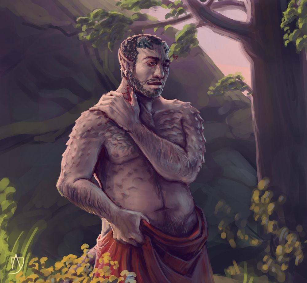 Drawing of a tiefling man with grey-pink skin and solid black eyes, standing in a forest clearing. He has one hand on his shoulder, placed next to a bleeding bite wound, while the other holds up a red blanket that is wrapped around his waist. 