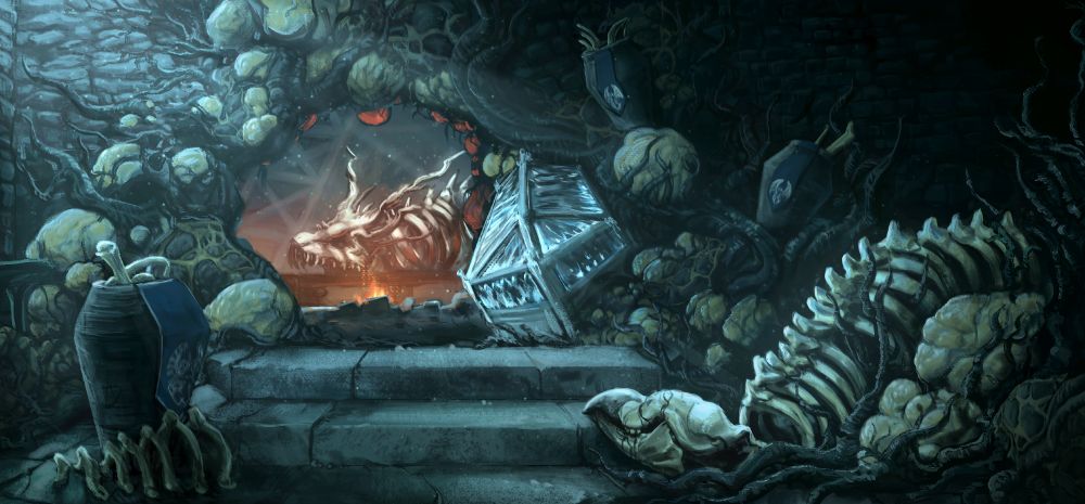 Digital panting of a dark room full of blight boils and the skeletal remains of griffons. A beam of light falls from above, bathing the area in pale blue light. Through a hole in the wall, another room can be seen, in which a twisted dragon's skeleton sits on a raised platform. 