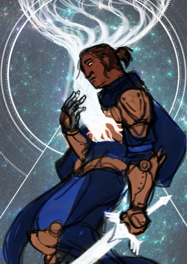 Unfinished painting of a man holding a sword. A glowing white tree grows from his chest, and the background behind him is full of stars.