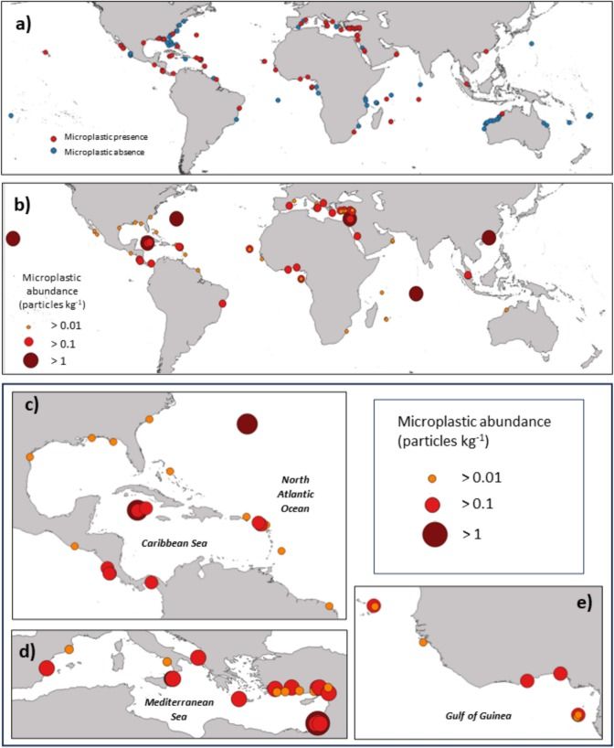 Fig. 1. a) Location of beaches (n = 209) with microplastic present (red, n = 94) and beaches with no microplastic found (blue, n = 115); b) Microplastic abundance by particle number (particles kg−1); c) Microplastic abundance (particles kg−1) within the Caribbean, North-West Atlantic and Central Pacific; d) Microplastic abundance (particles kg−1) within the Mediterranean; e) Microplastic abundance (particles kg−1) along central and west Africa