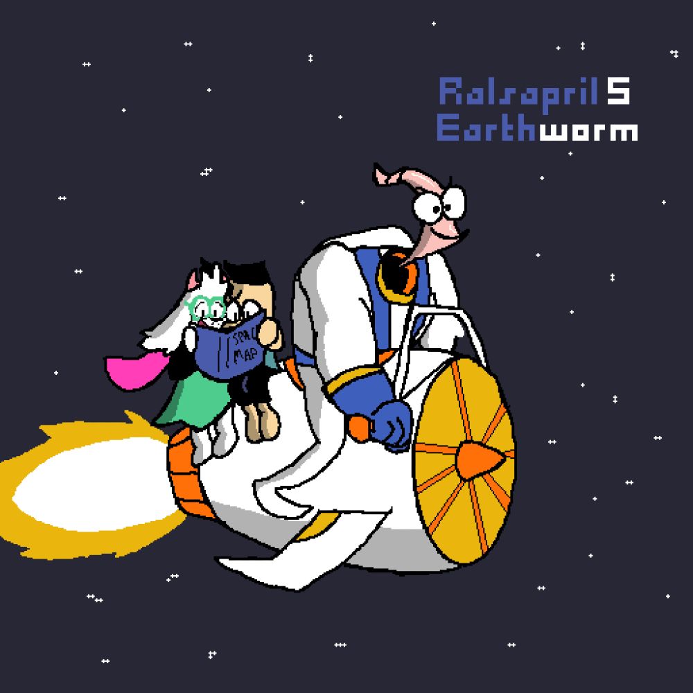 Earthworm Jim, Peter Puppy and Ralsei on the Pocket Rocket, soaring through space as Ralsei and Peter help guide Jim back to Earth via space map.