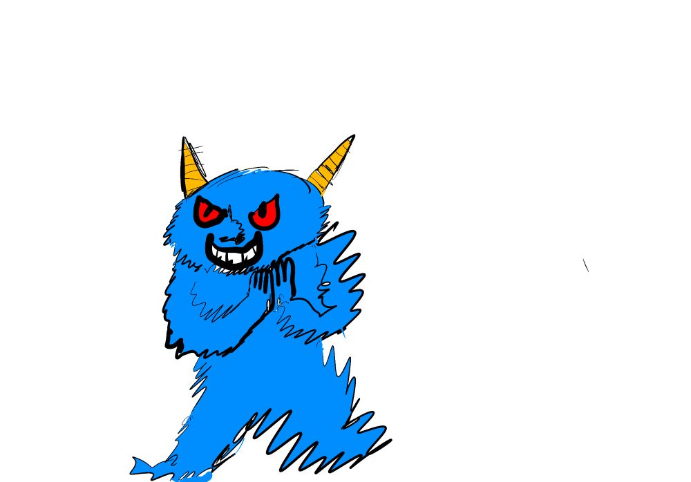 Blue monster with yellow horns grinning and rubbing its hands together 