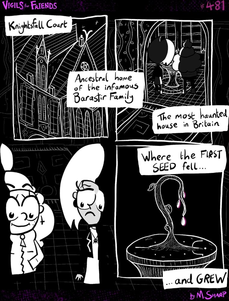 Knightsfall Court. Ancestral home of the infamous Barastir Family. The most haunted house in Britain. Where the first seed fell, and grew. 
It's the house from Chapter 2. Shirley and Kitty are standing, looking at the altar where they summoned 'a seed of the daughter of the roots'. A small plant has grown there and it bears strange fruit. LOL!