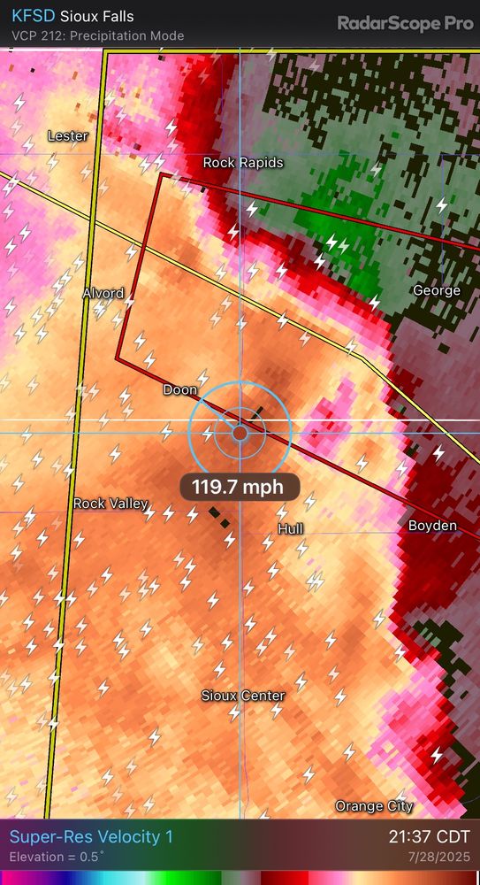 Doppler radar out of Sioux Falls, South Daokta showing a measured velocity aloft of 119 mph in a thunderstorm warned for an “extremely dangerous situation” just southeast of Doon in far northwestern Iowa at 9:37 PM Central.