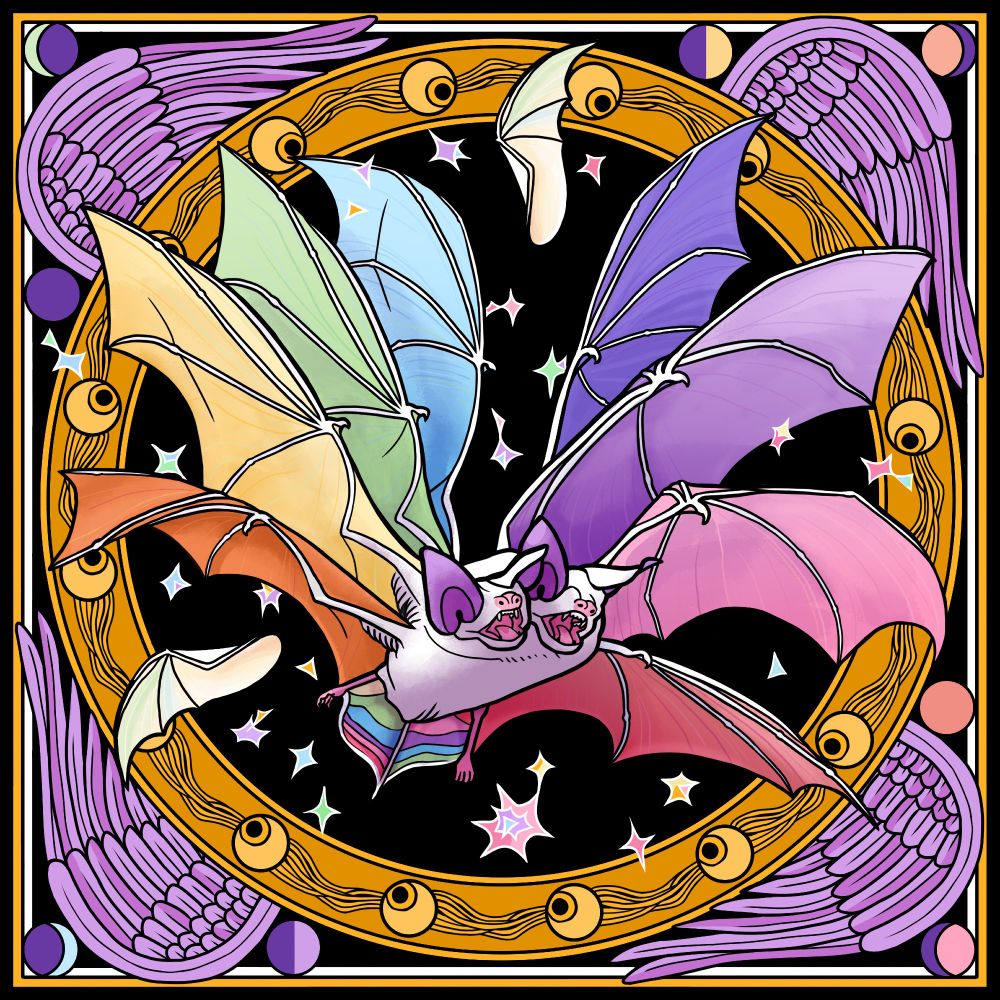 A digital illustration of a white two-headed bat in flight. It has 8 wings, each in a different colour of the rainbow, and no eyes. It is framed by a gold ring with a repeating pattern of eyeballs, and outer corner purple feathery wing details and the phases of the moon in small circles.