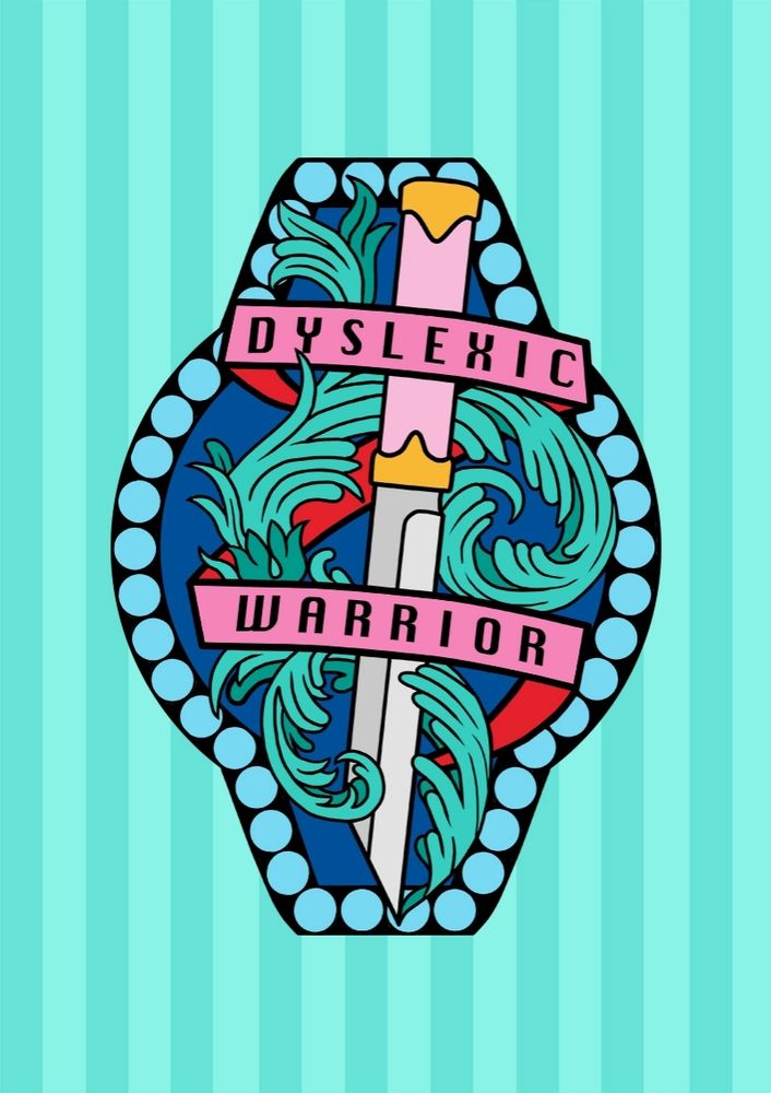 An illustration of a dagger wirh swirly leaf shaped curling up behind it from the tip, with a pink banner wrapped around it reading 'Dyslexic warrior'.