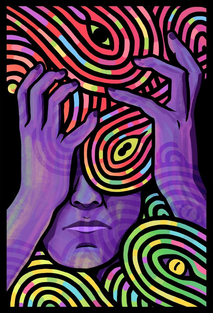 A digital illustration with strong black outlines. It shows a purple figure from shoulders up, with a flat expression. Colourful lined shapes with eyes in loop across and down and obscure most of the figures neck, shoulders, and the top half of their head. Their hands are held up and grasping helplessly at the shapes. The illustration is intended to represent overwhelm as I have experienced it through ADHD.