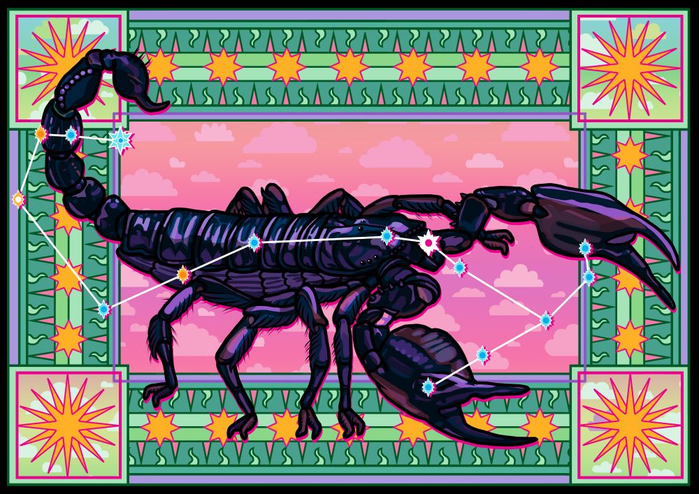 A digital illustration of a black and purple shiny scorpion with blue, white and orange star shapes overlaid in the pattern of the constellation Scorpio. It is framed by a border star and spike patterns, with corner stars in squares, and a pin inner background with a pattern of clouds.