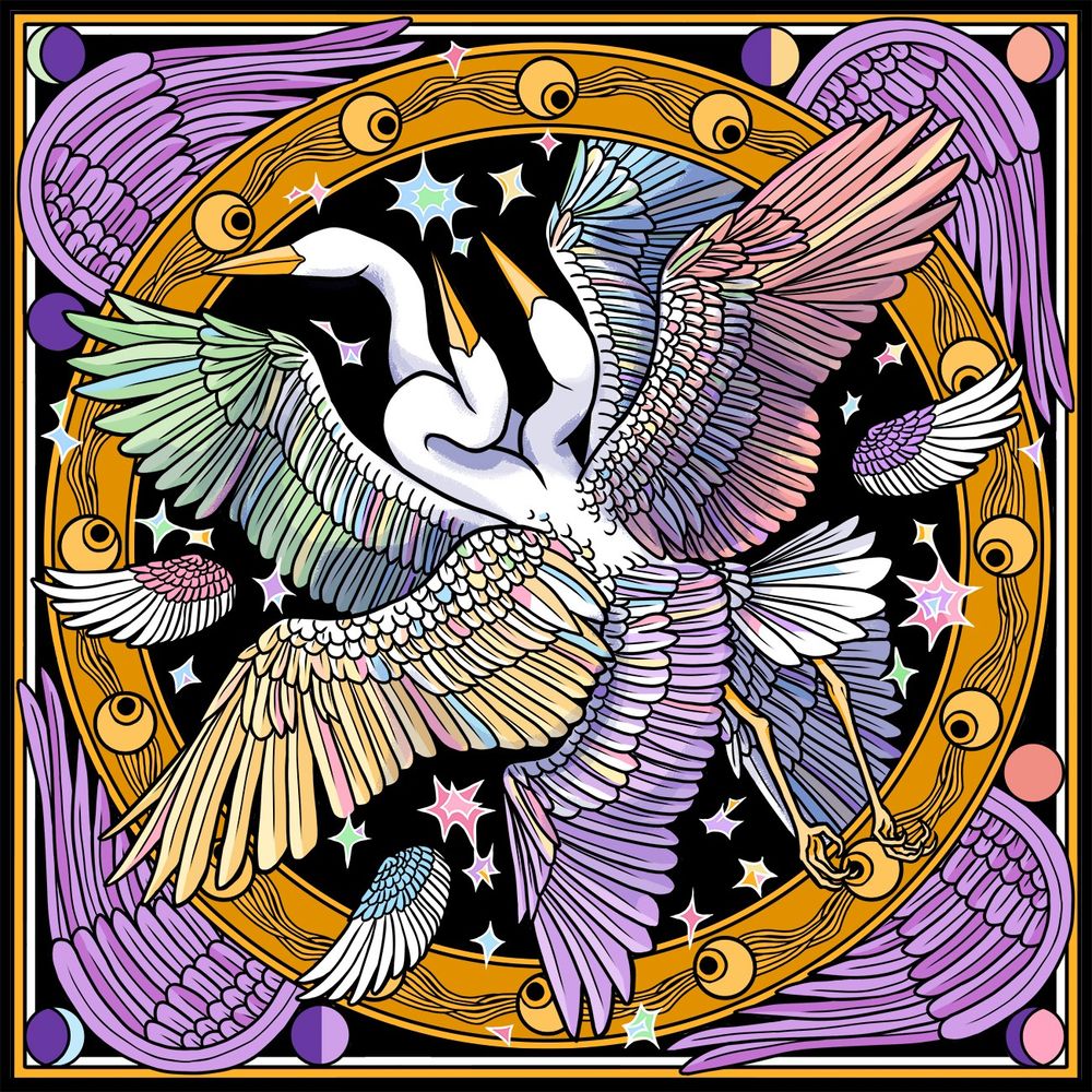 A square digital illustration of a 6 winged heron with 3 heads/necks but no eyes, in flight. It is surrounded by pastel hued sparkle shapes, and backed by a black circle with a gold border featuring a pattern of eyeballs. Outside the circle there are four stylised purple wings, and 8 small circles showing the phases of the moon around the border. The heron is white and the long feathers of each wing are highlighted in a different pastel colour.