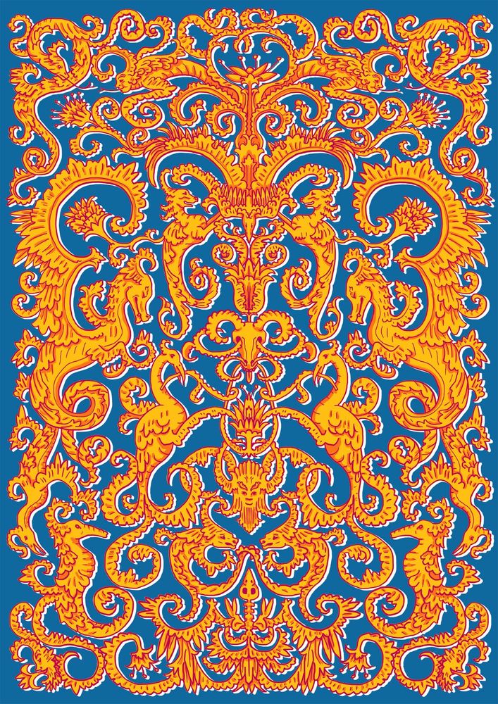 A portrait format illustration in blue and yellow, featuring a pattern composed of curly leafy details and various creature figures incorporated into the swirls in a vertically symettrical pattern design. There are dragons, birds, a seahorse, and some other not-really-identifiable leafy creatures with human or animal-like faces.