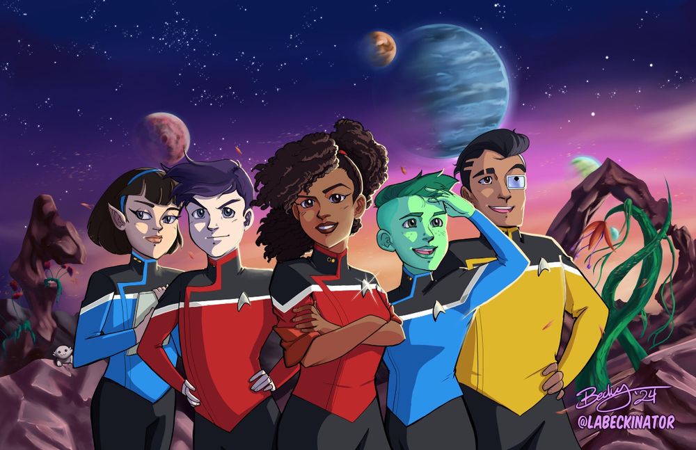 Lower Decks characters posing on an alien world (T’lyn, Boimler, Mariner, Tendi, and Rutherford) stars and planets visible in the sky behind them.