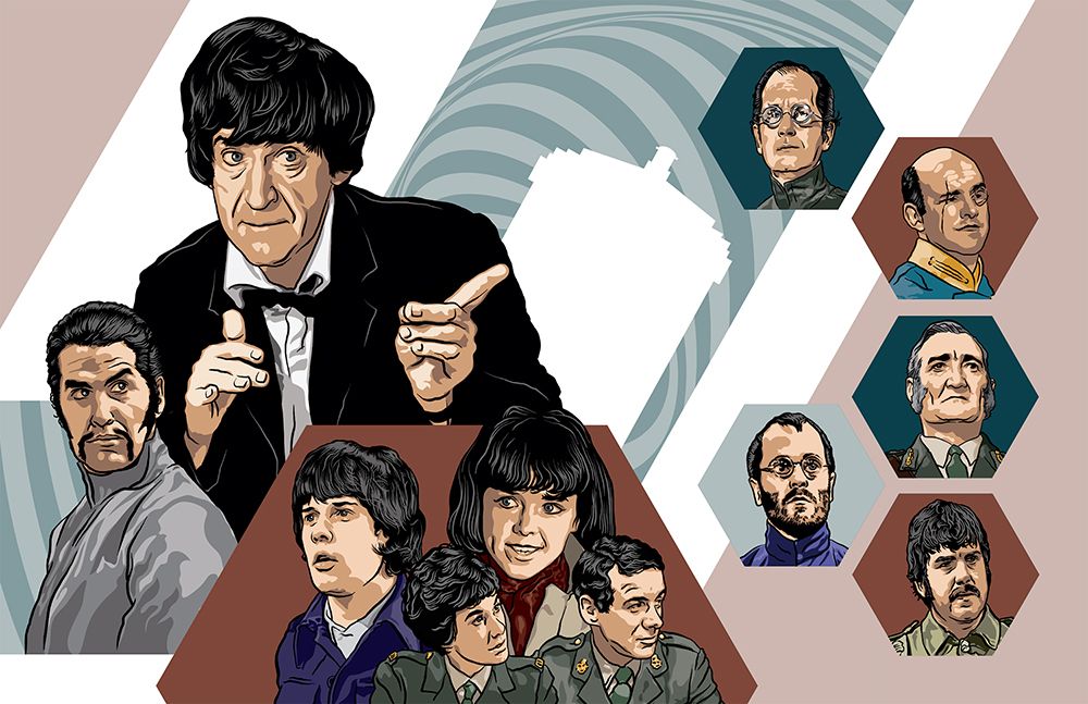 Line art, colour vectors and graphics for a Patrick Troughton piece featuring most of the key characters from The War Games, the finale to the sixth series of Doctor Who.