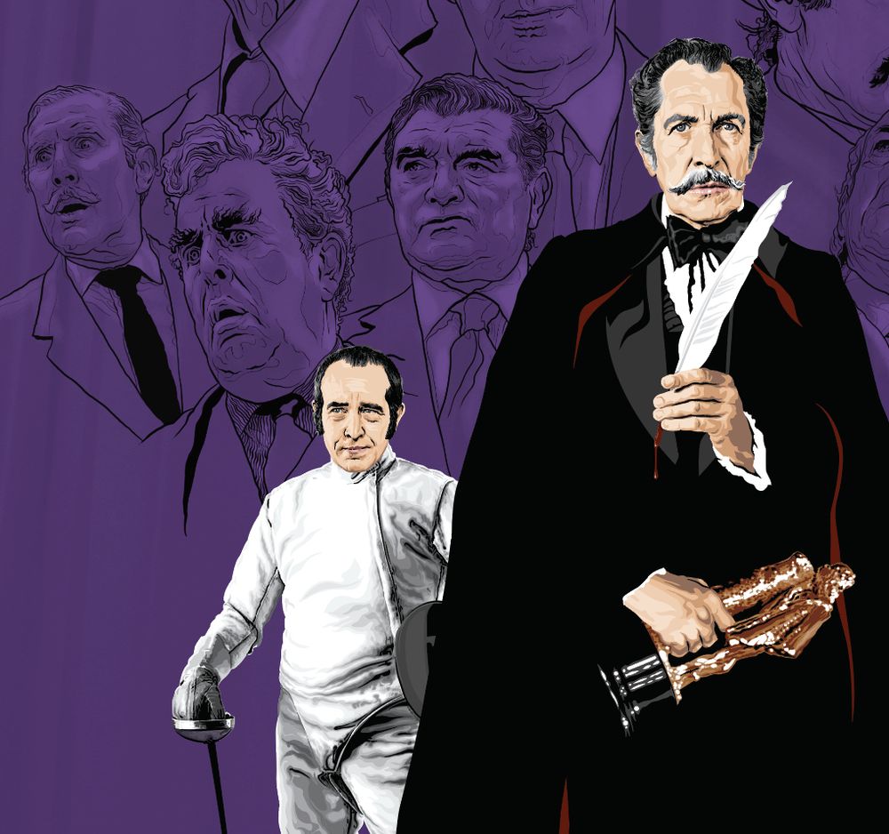 Section of artwork featuring digital vector and line artwork of Vincent Price, Ian Hendry and a host of British character actors.