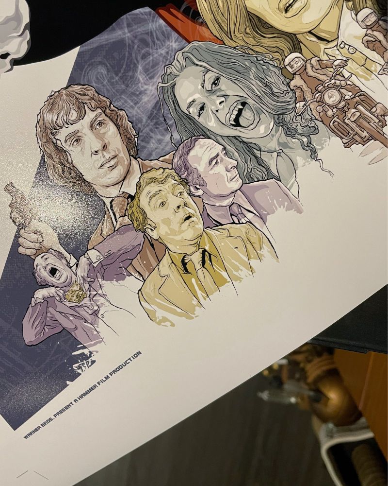 Print hanging off printer tray. Digital illustration for The Satanic Rites of Dracula. Pen outlines, vector infills / blocks of colour.