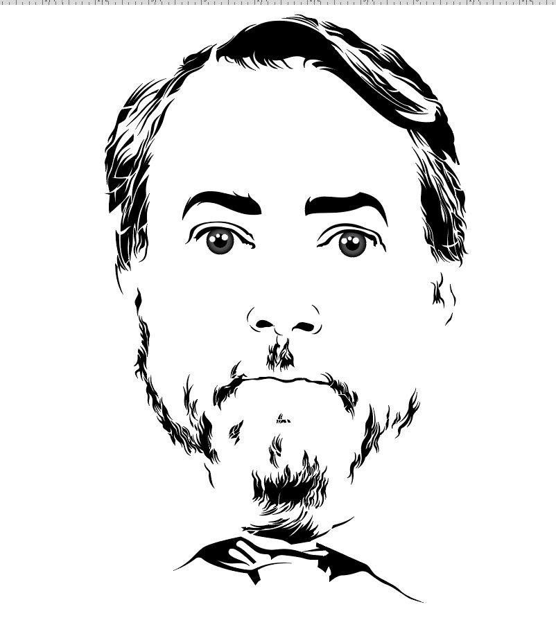 black and white vector artwork of a chap off the telly, but you can't tell that yet because it's nowhere near done. Because he has a beard. And it takes me 15 years to illustrate a beard.