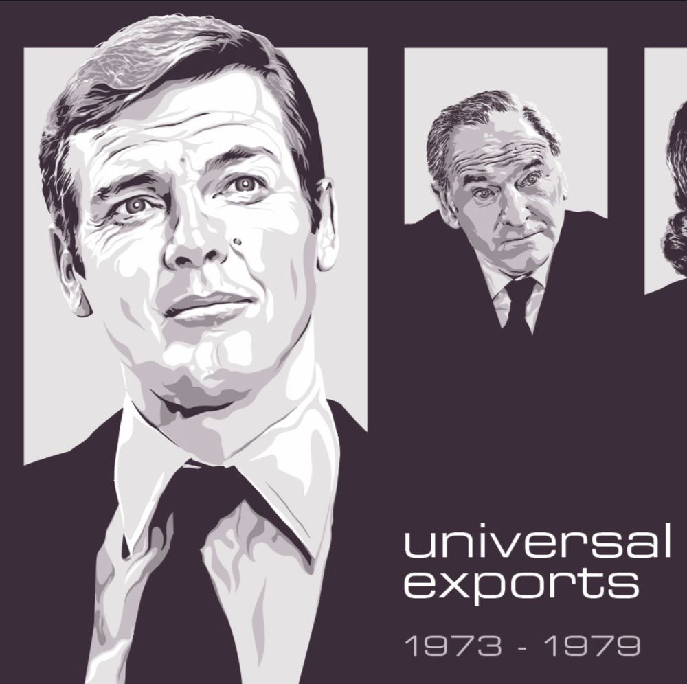 Vector illustration in limited colour palette. Roger Moore as James Bond, with Bernard Lee as M…the rest of the image is cropped, but also features Louis Maxwell as Monepenny and Desmond Llewelyn as Q. Text reads Universal Exports 1973 - 1979.