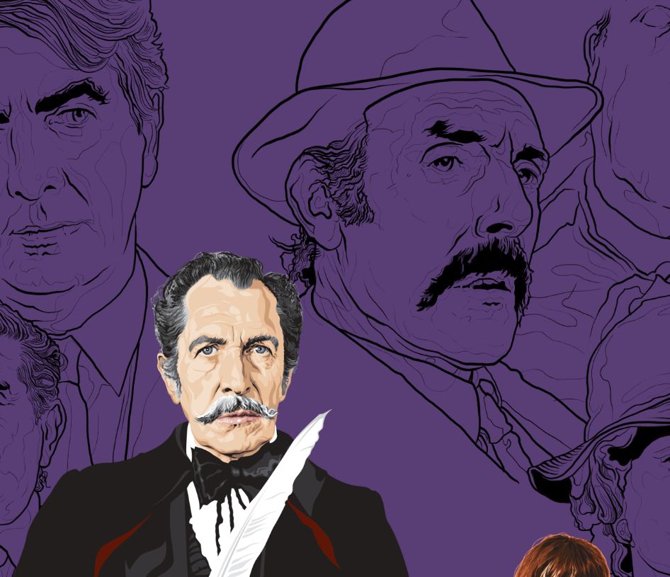 Unfinished artwork featuring a vector illustration of Vincent Price as Edward Lionheart, with inked outline illustrations of Eric Sykes and Milo O'Shea in the background...