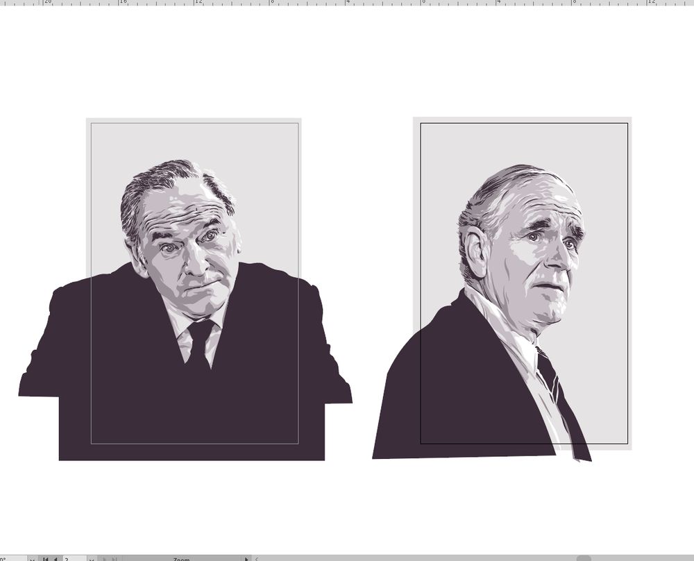 vector illustrations in limited colour palettes of M and Q.