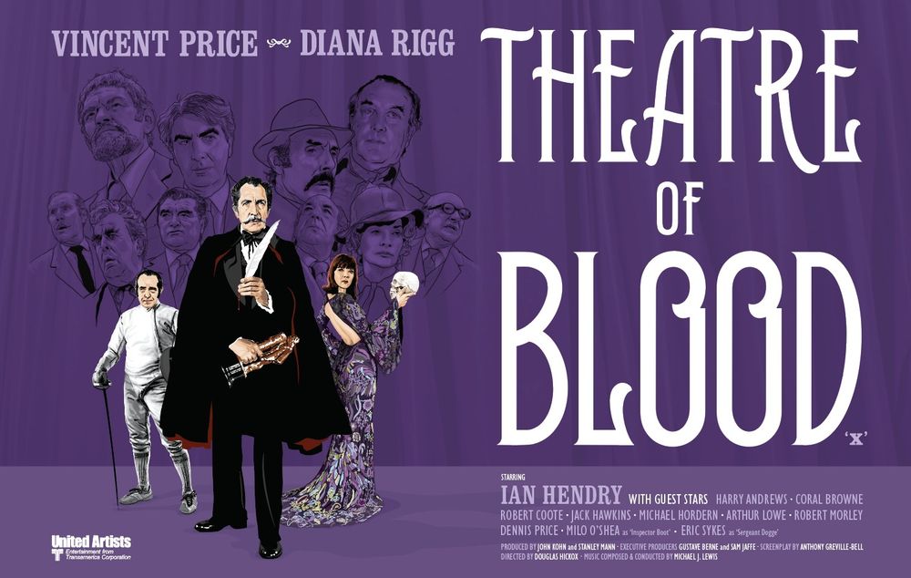 full colour vector, and two colour line art illustration for a film poster for Theatre of Blood. Purple background. Price, Rigg and Hendry rendered in vectors, supporting cast all in line art. Typesetting largely in white.