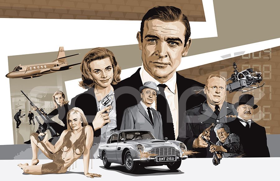 Vector illustration in golds, black and greys for the film 'Goldfinger'.
