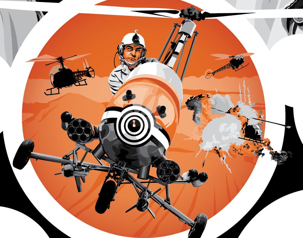 Vector illustration of Sean Connery as James Bond, in Little Nellie. Surrounded by SPECTRE helicopters. A small section of a larger You Only Live Twice piece.