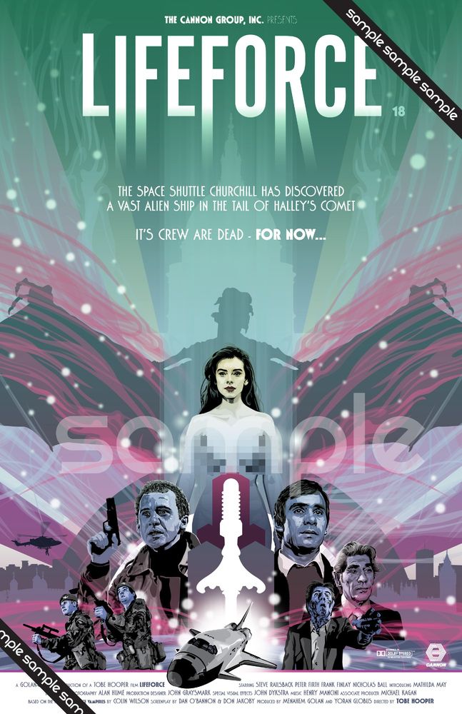 vector illustrated film poster for Tobe Hooper's wonderful Hammer on a budget with a load of cocaine space vampire epic, 'Lifeforce'.