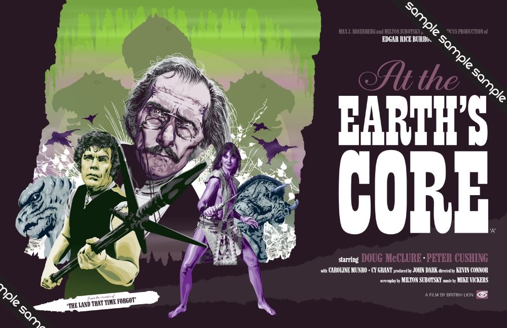 Vector illustration for film poster of At The Earth's Core, featuring Peter Cushing, Doug McClure and Caroline Munro.