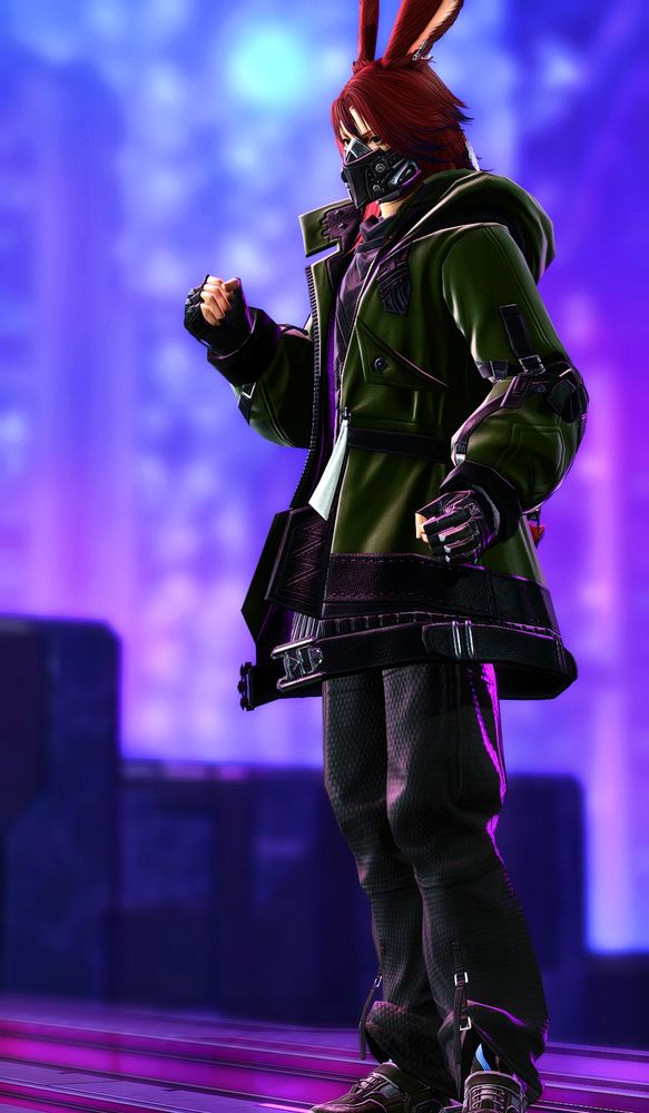 Red haired Viera in a big green coat, some baggy pants, light up sneakers, and a Winter Soldier mask. Pinnacle of fashion. /s