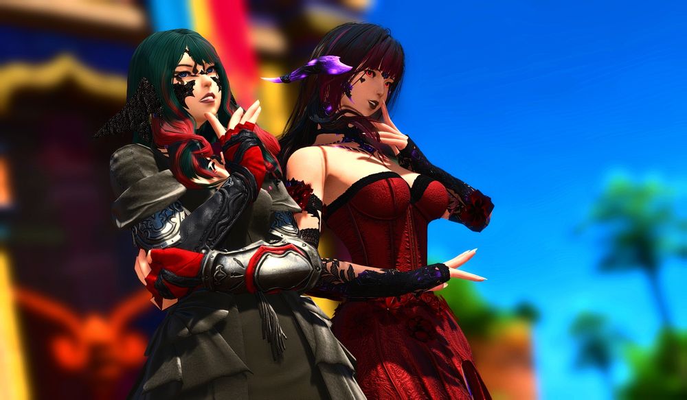 To Au Ra woman in fancy dresses. The one on the left with green hair and a black dress seems disappointed, while the purple haired, red dressed one on the right is still rather curious.