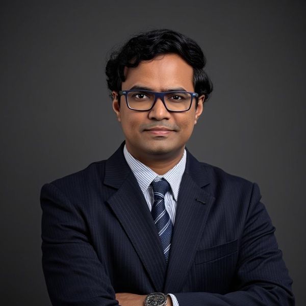 A professional headshot of a man with dark hair, wearing glasses, a pinstripe suit, striped shirt, and patterned tie. He has his arms crossed and is looking directly at the camera against a gray backdrop.