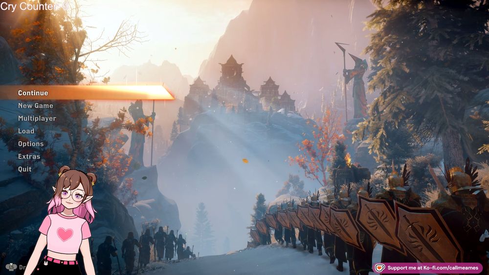 ames' vtuber over the main screen for dragon age inquisition. Their vtuber is a white humanoid model with shoulder length brown hair that turns pink in an ombre with double space buns held in place by small, yellow star clips. They have pointed elf ears and are wearing red heart earrings. She is wearing a cropped pink shirt with a heart on it and black shirts with a pink belt. There is a bunny charm hanging off their belt loop.