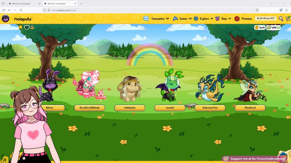 ames' vtuber over the neopets homepage, showing all their neopets. Their vtuber is a white humanoid model with shoulder length brown hair that turns pink in an ombre with double space buns held in place by small, yellow star clips. They have pointed elf ears and are wearing red heart earrings. She is wearing a cropped pink shirt with a heart on it and black shirts with a pink belt. There is a bunny charm hanging off their belt loop.