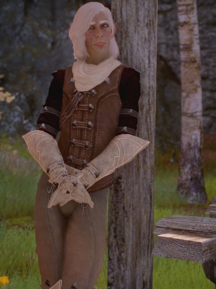 Malachite, a pale elf with white hair and purple face markings in dragon age: inquisition, leaning against a pole with his hands crossed in front of him.