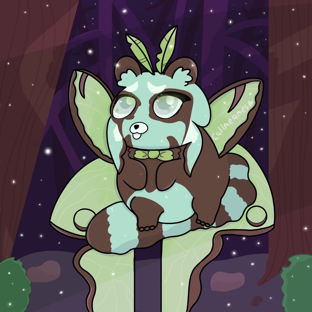 a digital drawing of a creature that is part red panda part lunar moth. its face is teal with brown spots and big, pleading, light green eyes. They have two crescent moons above their eyes, appearing to be eyebrows. They have their brown paws held to their chest. Their arms and romance are primarily brown, with a light green circle on the middle of their stomach. Their big fluffy tail is brown and light green striped. they have green wings with brown edges that drape down to the ground like a moth. the background is a nighttime forest scene with many fireflies and sparkling stars in the sky. 