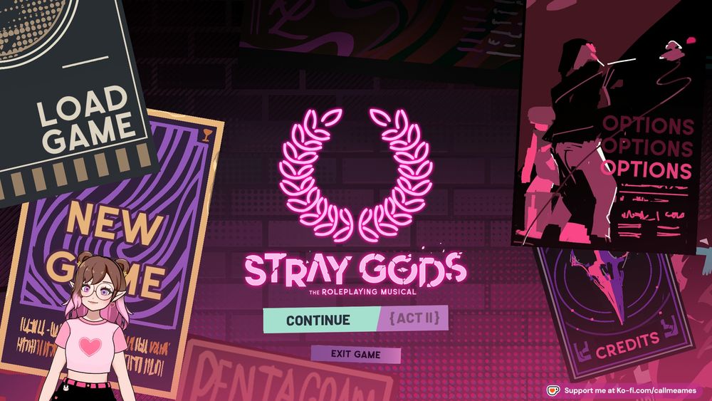 ames' vtuber over the main screen for Stray Gods. Their vtuber is a white humanoid model with shoulder length brown hair that turns pink in an ombre with double space buns held in place by small, pink heart clips. They have pointed elf ears and are wearing yellow star earrings. She is wearing a pink cropped shirt with a heart on it and black jeans with a pink belt. There is a bunny charm hanging off their belt loop.